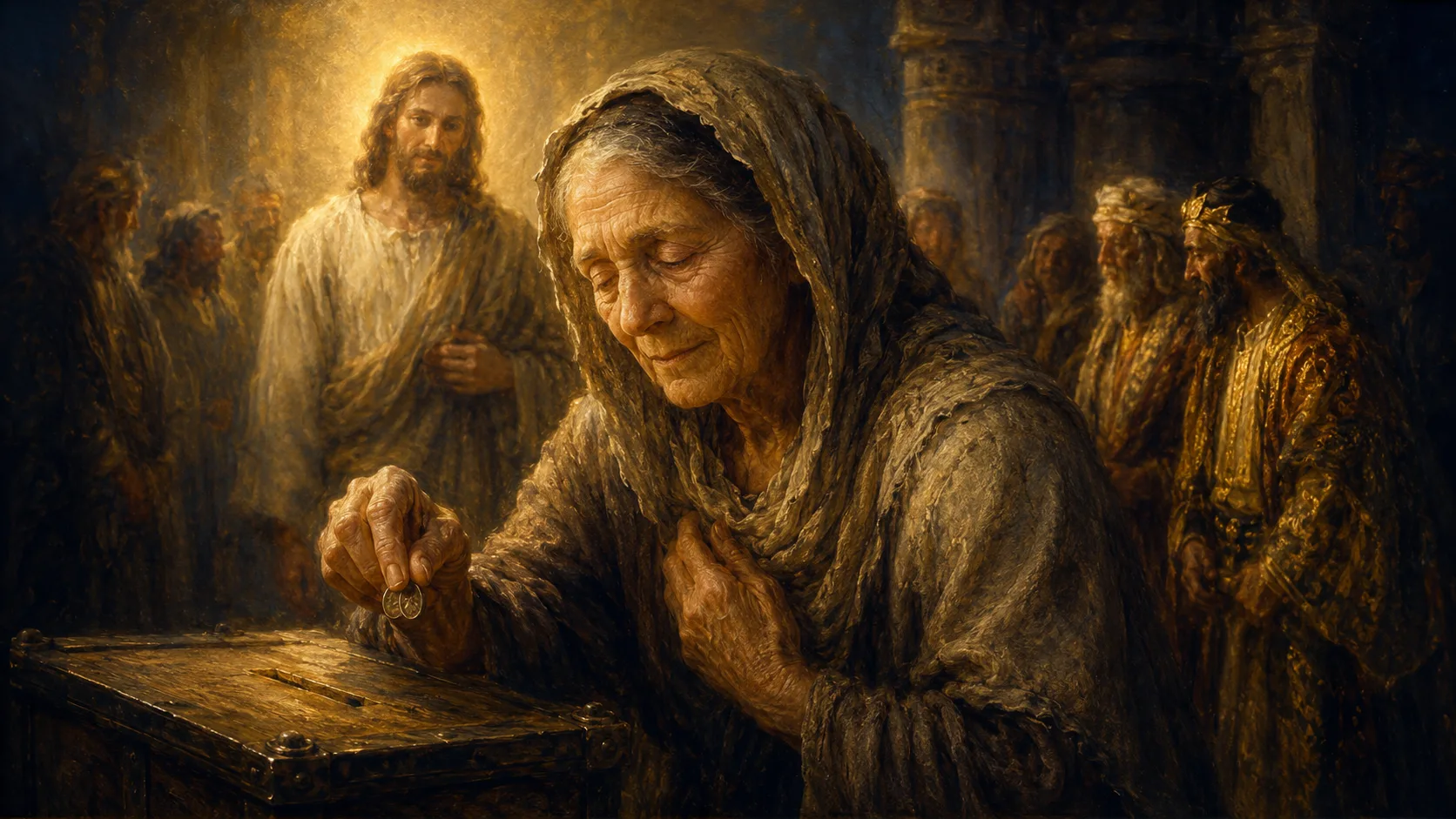 Pintura a óleo: a viúva deposita suas duas moedas na caixa de ofertas, observada por Jesus