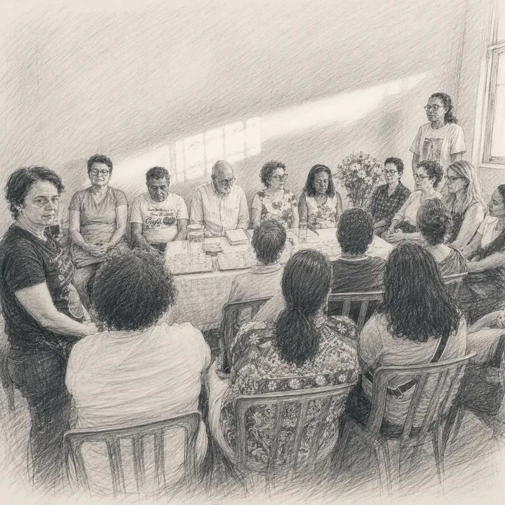 Desenho a grafite: a casa reunida em prece ao redor de uma mesa comprida, sob a luz da janela, na inauguração da nova sede