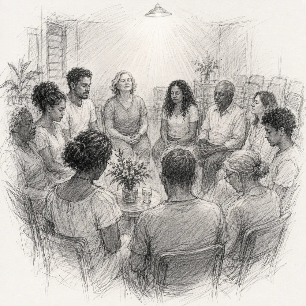 Desenho a grafite: grupo reunido em círculo na sala do centro, em prece silenciosa sob a luz